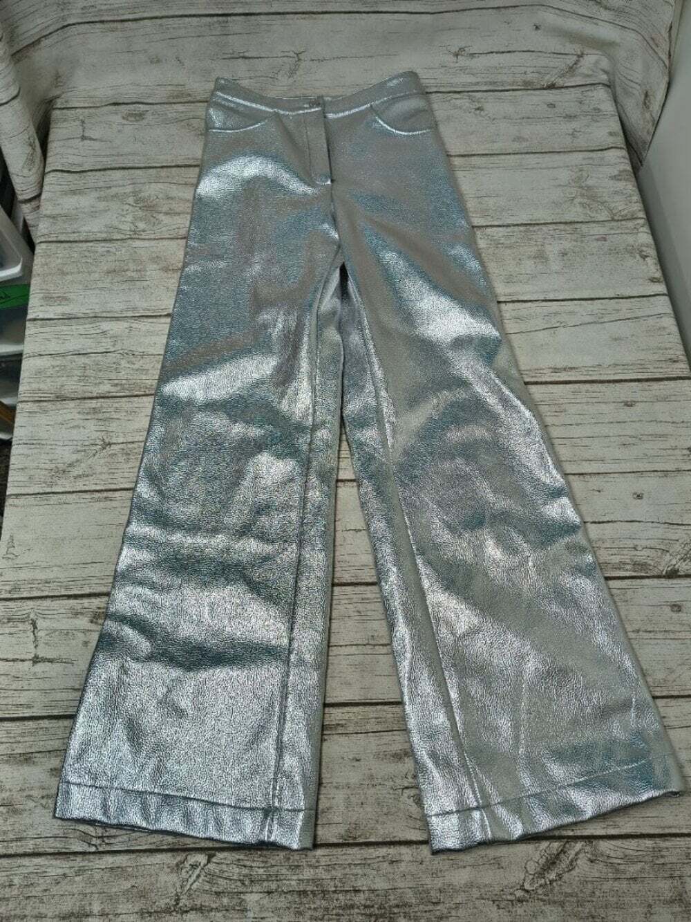LAAGAM Studio54 High Waist Vegan Leather Wide Leg Silver Pants Size 34